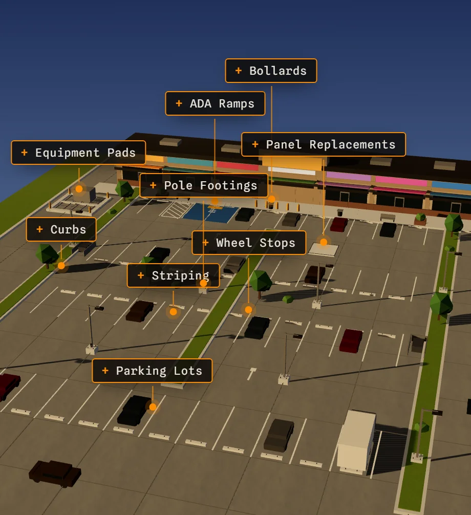 3D model of a commercial parking lot with striping, ADA ramps and curbs by Billy's Concrete